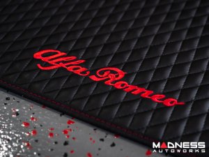 Alfa Romeo Giulia Floor Mats - Italian Leather - Front + Rear Set - Black w/ Red Stitching